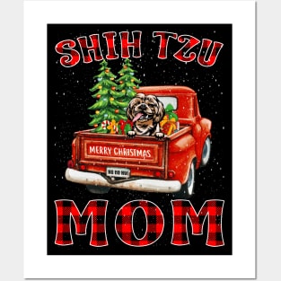 Christmas Shih Tzu Mom Santa Hat Truck Tree Plaid Dog Mom Christmas Posters and Art